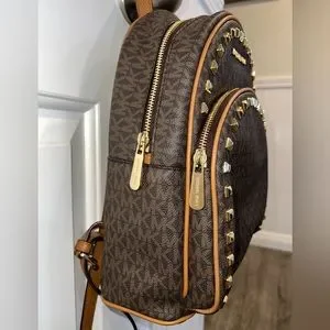 Michael Kors Brown/Tan Monogram Studded Backpack - Small - LIKE NEW Michael Kors small studded backpack. | Mercari main image 3